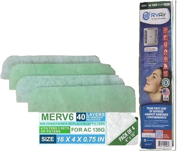 RV Air AC Filter - Replacement Parts for Camper Accessories, Travel Trailer Air Conditioners, MERV 6, Durable, Cleaner Air, Easy to Install, Ideal for Camping - 2 Filters 135G 16 x 4" x .75"