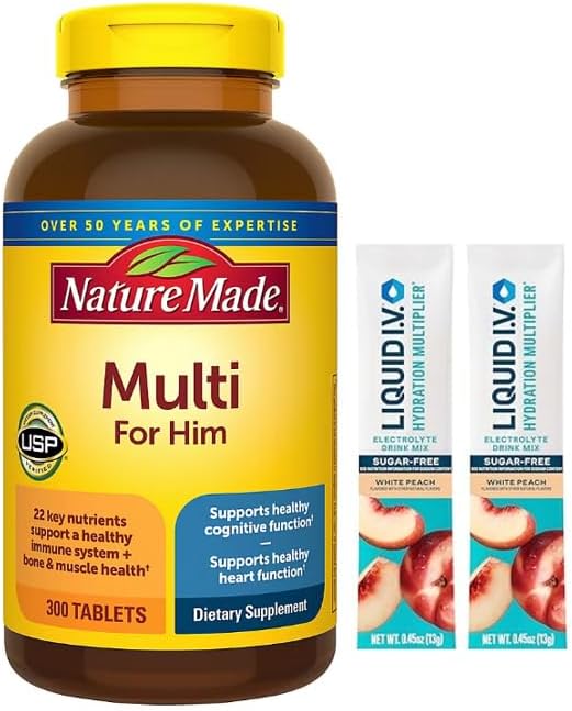 Nature Made Multi for HIM 300 CT Tablets Bonus 2 Sugar-Free White Peach Hydration Sticks