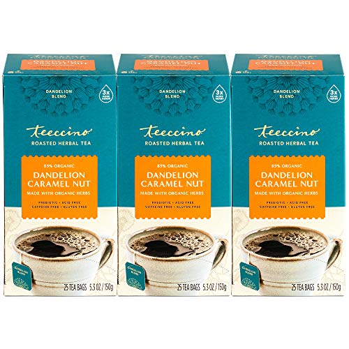 Teeccino Dandelion Caramel Nut Tea - Caffeine Free, Roasted Herbal Tea with Prebiotics, 3x More Herbs than Regular Tea Bags, Gluten Free - 25 Tea Bags Pack of 3