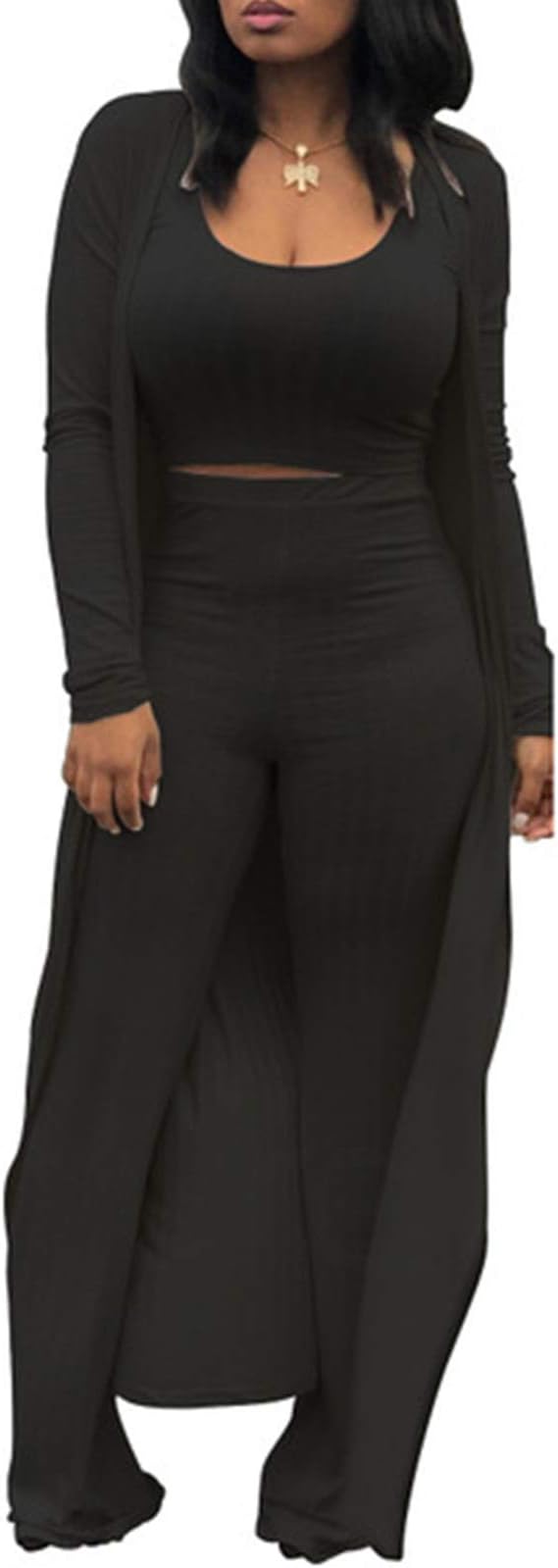 Women 3 Piece Outfits Rib Open Front Cardigan Cover Up Crop Tank Tops Wide Leg Pants Sexy Sets