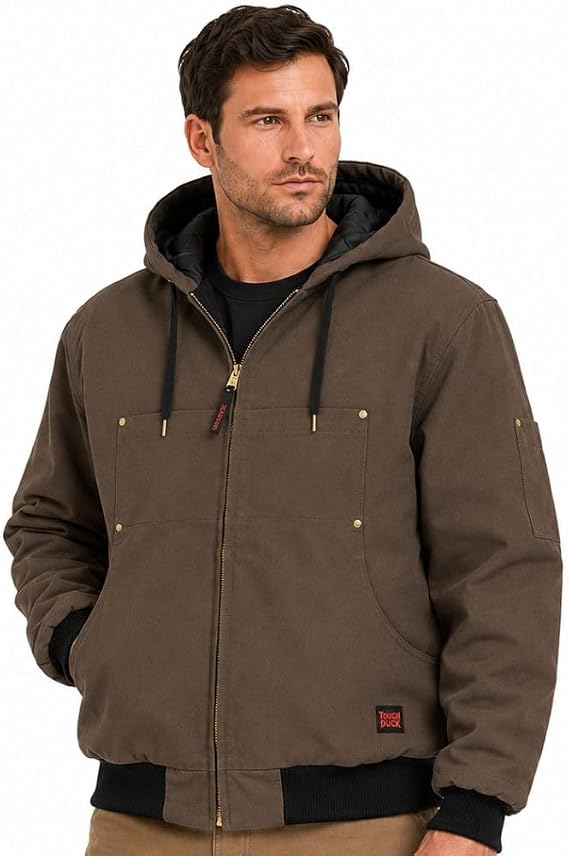 Tough Duck Men's Winter Bomber Jacket - 12 oz Cotton Duck, Insulated, Hooded, Water Repellent, Heavy-Duty Zipper, Sizes S-5XL