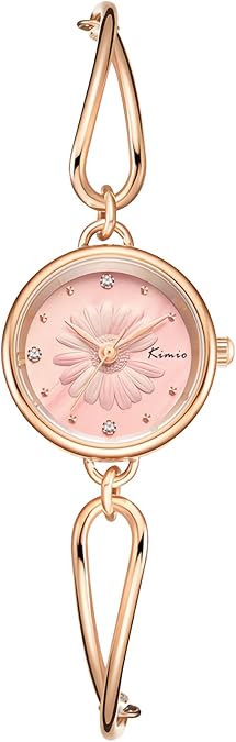 MASTOP Dainty Bracelet Watches for Women - Vintage Analog Quartz Watch with Pink Daisy Dial, Diamond Accents, Gold Strap - Cute Classic Watch for Small Wrists