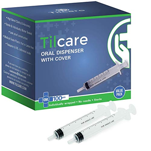 10ml Oral Dispenser Syringe with Cover 100 Pack by Tilcare - Sterile Plastic Medicine Droppers for Children, Pets & Adults Latex-Free Medication Syringe - Syringes for Glue and Epoxy
