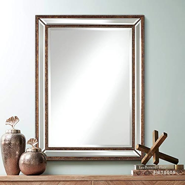 Uttermost Palais Rectangular Vanity Decorative Wall Mirror Vintage Rustic Mottled Bronze Brown Beaded Frame Beveled Edge 30 Wide Bathroom Bedroom Living Room Home House Office Entryway