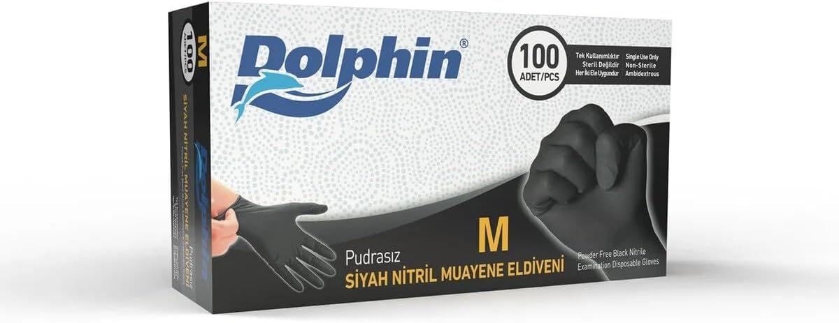 Dolphin Çok Amaçlı Siyah Nitril Muayene Eldiveni M Beden 100 Adet-MDR