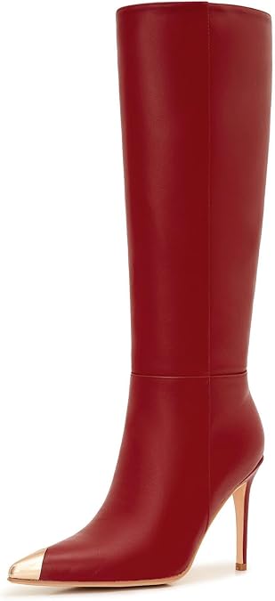 Women's Wide Calf Knee High Boots Plus Size Stiletto Heel Boots with Metal Toe, Dressy Pointed Toe Fall Winter Fashion