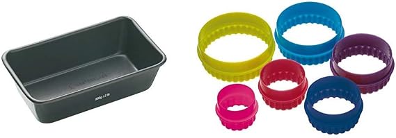 masterclass Non-Stick 2 lb Loaf Tin, 23 x 13 cm (9" x 5") & Colourworks Plastic Plain and Fluted Round Cookie Cutters, Multi-Colour, Set of Six