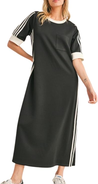 Women's Summer Casual Crewneck Short Sleeve T Shirt Dress Striped Slit Maxi Dress Color Block Long Dresses