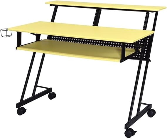 BOWERY HILL Music Recording Studio Desk, 47 in x 28 in x 38 in, Yellow and Black, Rectangular Tabletop, Keyboard Tray, Cup Holder, Headset Hook, Caster Wheels, Shelf, Functional Workspace or Home