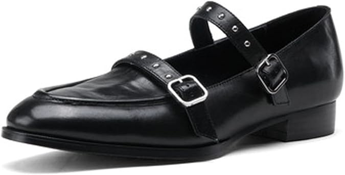Women's Mary Jane Genuine Leather Pointed Toe Retro Rivet Double Buckle Strap Slip On Handmade Loafers Dress Shoes