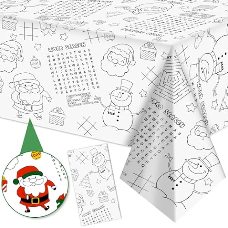 Labeol 1 Pack Christmas Tablecloth, Christmas Coloring Tablecloth for Kids, 54x108 Giant Santa Claus Snowman Maze Color-in Paper Poster Table Cover for Winter Party Arts and Crafts