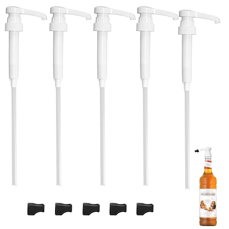 5Pcs Syrup Pump 1L Set - Durable Coffee Syrup Dispenser with Tip Cover | Coffee syrup pump: 36cm length, 7.5cm head. Includes 5 lid stoppers. Fits bottles up to 28cm. Leak-proof.