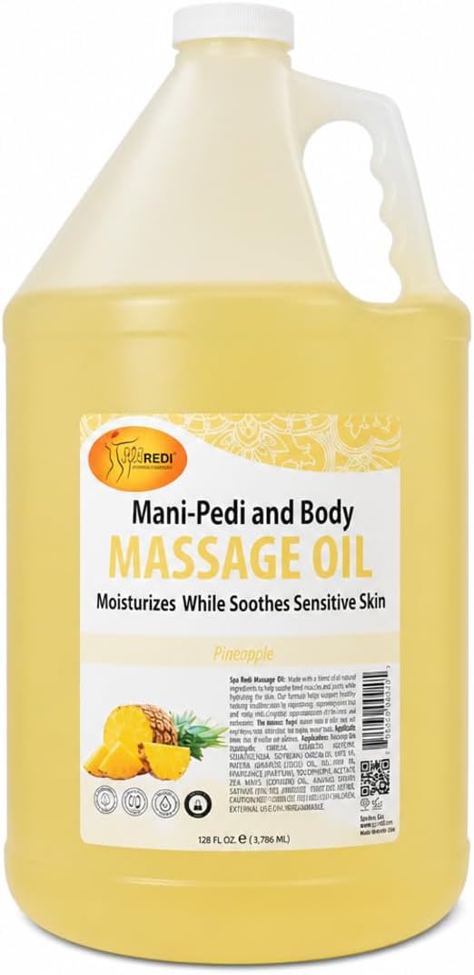 SPA REDI Professional Massage Oil, Sustained Botanical Glide, 128 oz | Pineapple blend with almond, cottonseed, sunflower and avocado oils for massage, manicures, pedicures and hydrated skin