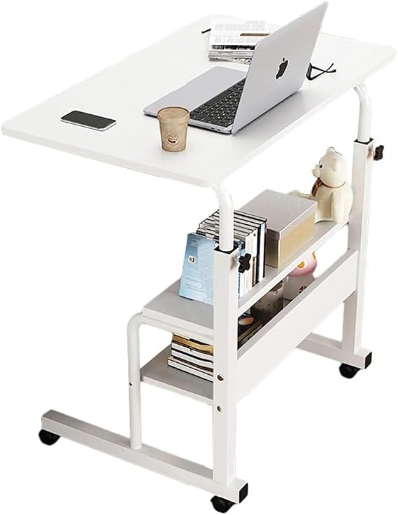 Laptop Portable Table with Wheels Mobile Computer Adjustable Mobile Stand Bed Sofa Workstation Home Office Study Foldable Computer Desk White,60*40*69-90