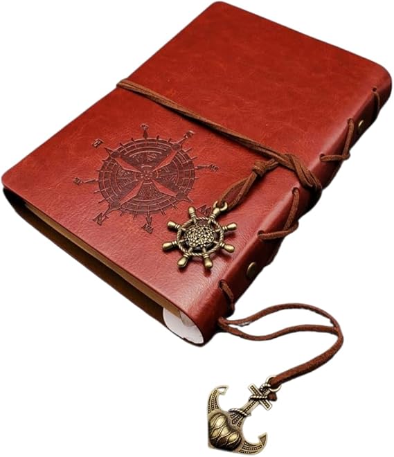 Senon Retro Vintage Pusula Baskılı Çapa Ve Dümen Kolye Uçlu Deri Kapaklı Günlük Not Defteri Denizci Defter Özel Tasarım Hediyelik Kahverengi
