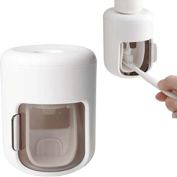 Wall Mounted Automatic Toothpaste Squeezer, White Plastic, Dustproof Cover, No-Drill Installation, Bathroom Organizer