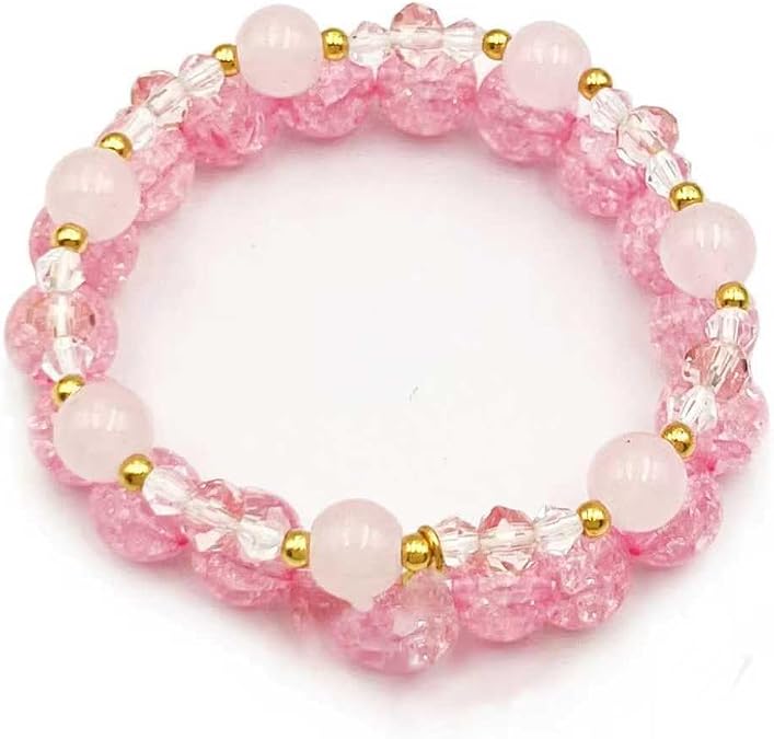 Pink Crystal Beads Bracelet Set Cute Cartoon Elastic Pink Beaded Bracelets Jewelry Christmas Stocking Stuffers for Women Bff Friendship (B-Pink)