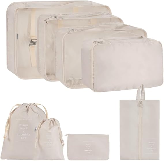 8 Set Packing Cube for Suitcase, Lightweight Luggage Storage Bags Travel Cubes Set Foldable Suitcase Organizer Including Laundry Bag & Shoes Bag (Beige Style1)
