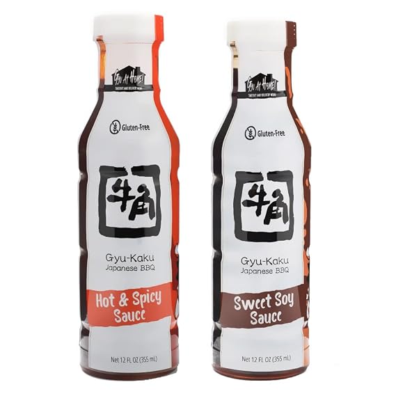 [Pack of 2] Gyu-Kaku Japanese Yakiniku BBQ Sauce, Gluten Free | (Variety Pack: Sweet Soy Sauce / Hot & Spicy) - 12 Fl Oz