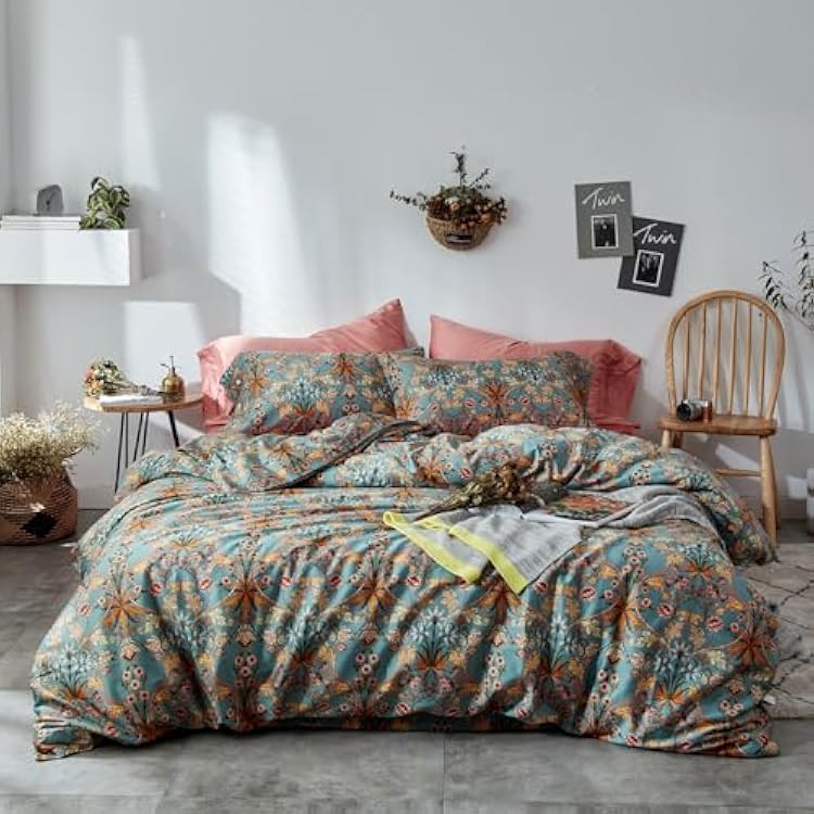 mixinni Vintage Style Garden Flower Duvet Cover Set with Zipper Closure Long Staple Percale Cotton Yellow Vibrant Pattern on Bedding Quilt Cover SetCalifornia King, All Season