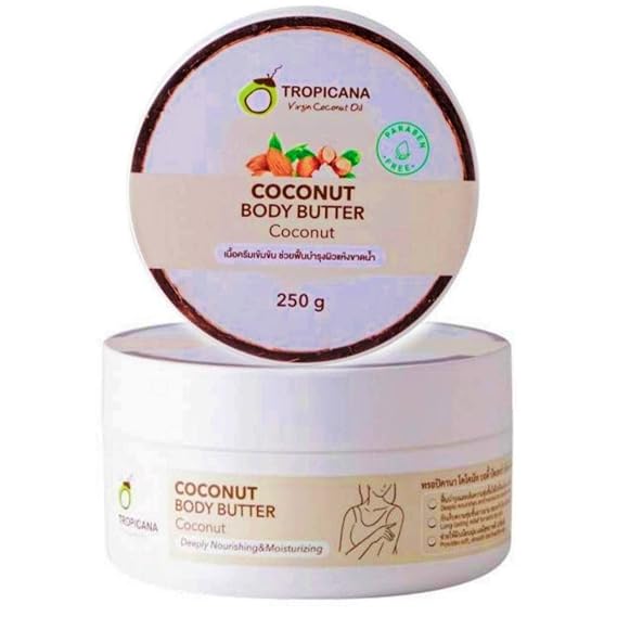 Tropicana Body Butter From Virgin Coconut Oil Helps add moisture and maintain the skin's natural moisture balance. Makes the skin smooth and soft to the touch 250g (1Jar)