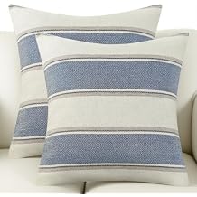 AmHoo Pack of 2 Farmhouse Linen Throw Pillow Cover Cushion Stripe Decoration Buffalo Retro Pillowcase with Hidden Zipper for Sofa Bedroom Car 16 x 16 Inch Blue