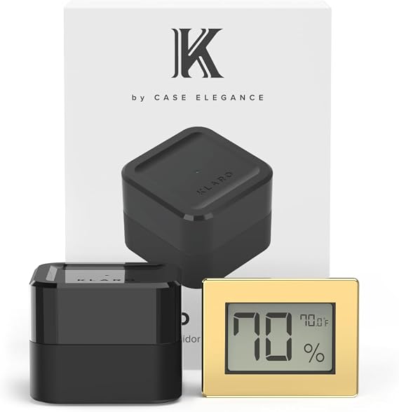 Klaro Valet - Smart Humidity & Temperature Hygrometer Sensor, App Notifications with Guided Seasoning, WiFi Bridge & Digital Display for 24/7 Remote Monitoring - Gold Finish (iOS & Android App)