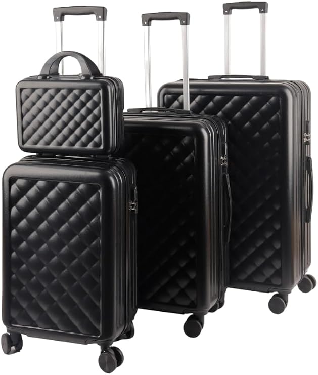 Alivio 4 Piece Luggage Set, Lightweight Hard Shell ABS Suitcase, 3-Stage Adjustable Telescopic Handle Trolley 14, 20, 24, 28in (Black)