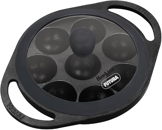 Hawkins Futura 16 cm Cast Iron Appe Pan, Non Stick Paniyaram Pan with Glass Lid, 8 Cups Paniyarakkal Pan, Litti Pan, Kuzhi Paniyaram Pan, Ponganalu Pan, Black (CIAP16G)