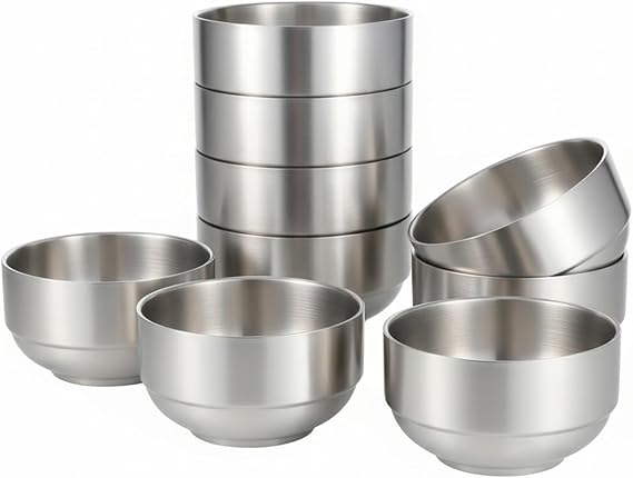 Stainless Steel Bowls, 8 Pack 12oz 304 Double Wall Insulated Bowls Stainless Steel Soup Bowl Metal Bowl For Sauces, Rice, Noodle, Ice Cream