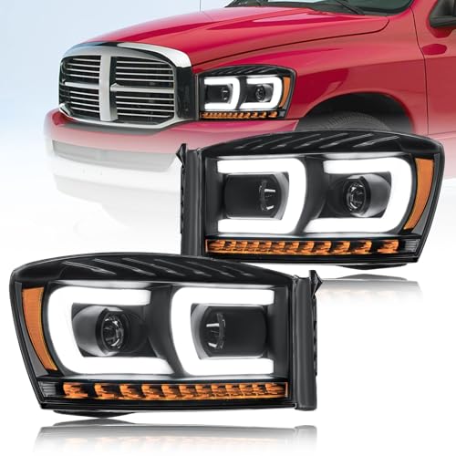 LED DRL Headlights Assembly Compatible with 2006-2008 Dodge Ram 1500 2500 3500 Left Right Side Replacement Headlamp wRunning Light Bar Black Housing Amber Reflector