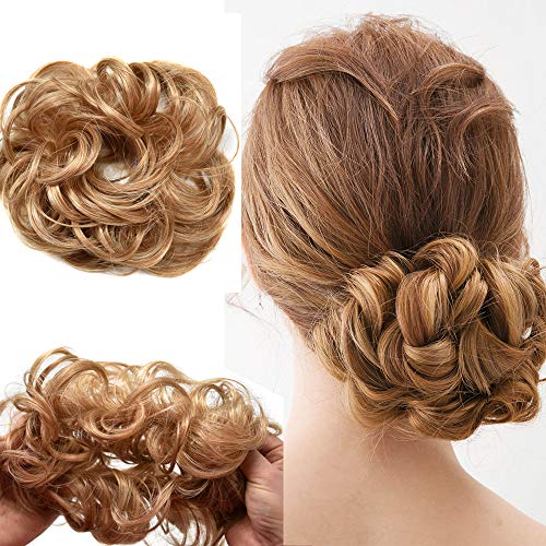 Messy Bun Hair Piece Extensions Scrunchies Curly Wavy Synthetic Chignon Tousled Updo Hairpieces for Women Girls 12-26# Brown Auburn & Dark Ash Blonde