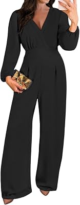 Pink Queen 2026 Jumpsuits for Women Dressy Long Sleeve V Neck Wide-Leg Romper Business Casual Outfits