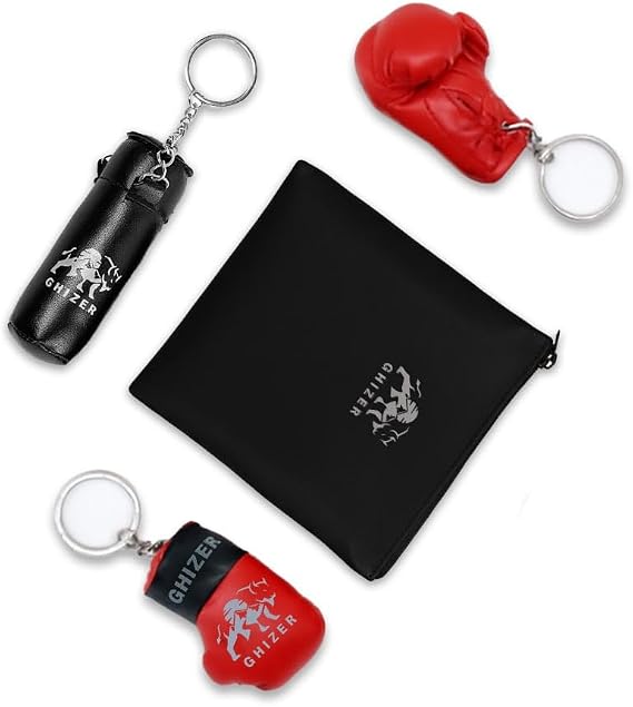 Unisex Mini Sports Boxing Gloves Three Keychain Set with Pouch One Black Punching Bag Keyring Pair of Red Boxing Gloves Metal Chain and Ring, Boxing Gear Gift for men and Holiday Season Ornaments