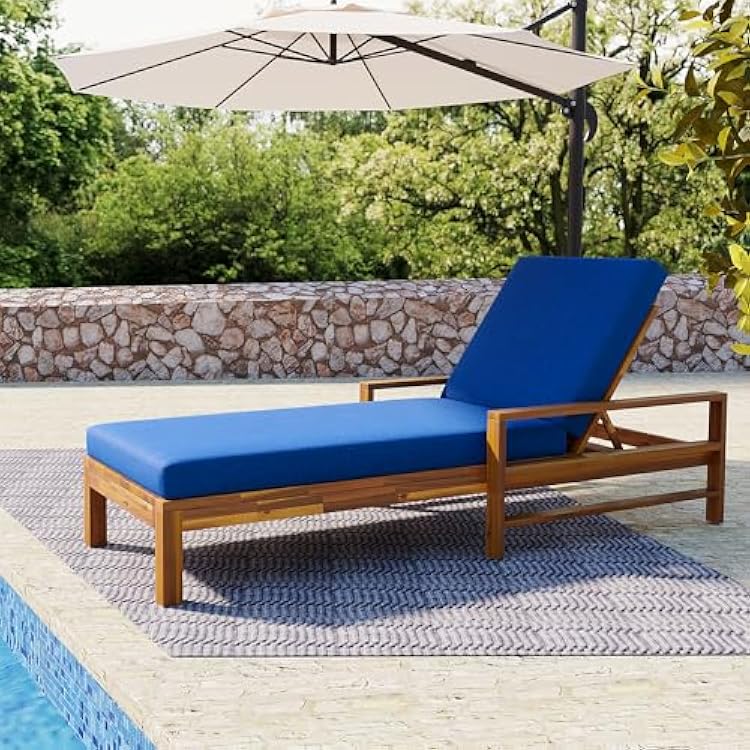 Merax Acacia Wood Adjustable Backrest Outdoor Lounge Chair,3-Position Reclining Patio Chaise Lounge,529 lbs Capacity,Weather-Resistant for Garden,Terrace,Poolside,Natural Finish,NaturalBlue