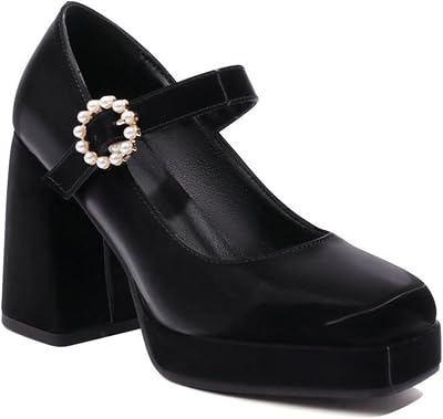 Womens Mary Jane Block Chunky Heels Pumps Square Toe Rhinestone Buckle Satin Platform Dress Shoes