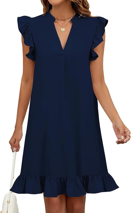 Wkior Summer Dresses for Women 2026 Casual V Neck Cap Sleeve Ruffled Hem T-Shirt Dress Flowy Swing Smock Mini Sundress
