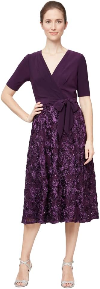 Alex Evenings Women's Tea Length Dress with Rosette Detail