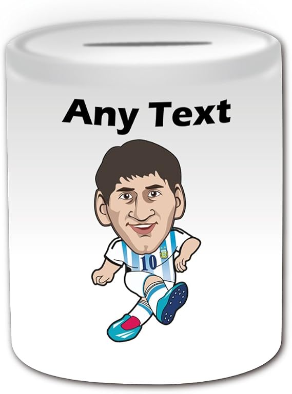 Personalised Gift - Leo Messi Money Box (Football Star Design Theme, White) - Any Name / Message on Your Unique - Piggy Bank Saving Jar Pot - LFA Primera Division FC Barcelona - Lionel Andres Cuccittini Argentina Player