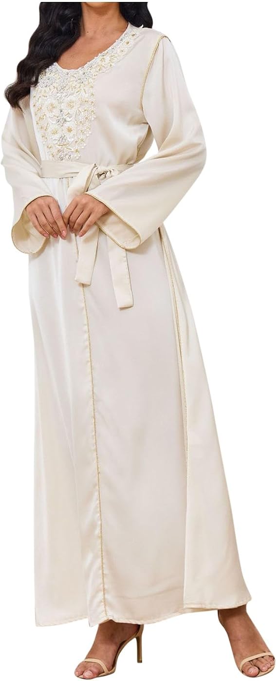 Ruziyoog Women's Muslim Kaftan Abaya Dress Long Sleeve Self Tie Islamic Eid Ramadan Dresses Middle East Arabian Robe Gown