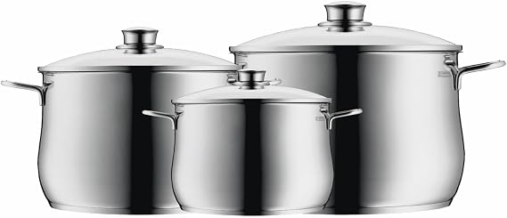 WMF Pot Set 3-Piece Diadem Plus Pouring Rim Glass Lid Cromargan® Stainless Steel Polished Suitable for Induction Hobs Dishwasher-Safe