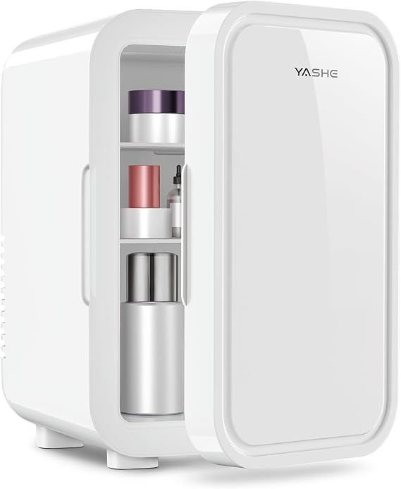 YASHE Mini Fridge, 6 Liter/8 Can 110V AC/DC Portable Thermoelectric Cooler Refrigerators for Bedroom, Personal Skin Care Fridge for Cosmetics, Drink, Milk, Office, Dorm Room and Car, White