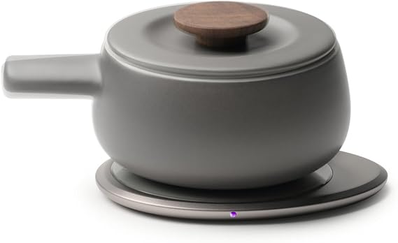 Fondi Self-Heating Ceramic Fondue Set Soft Gray | 7.6 fl oz / 225 mL Self-Heating Cheese & Chocolate Fondue with Heating Pad