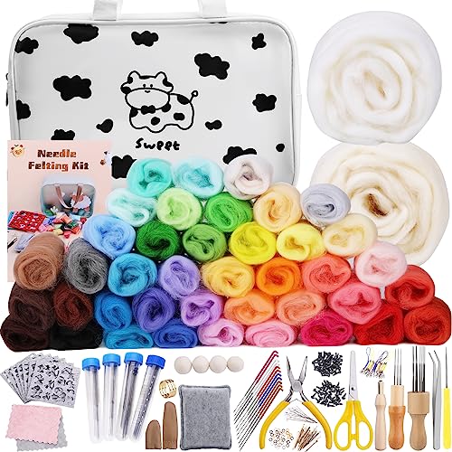 Mayboos Needle Felting Kit, 42 Colors Wool Roving Set, Needle Felting Kit with Felting Tool and Foam Mat Needle Felting Supplies for Home Decoration Felted