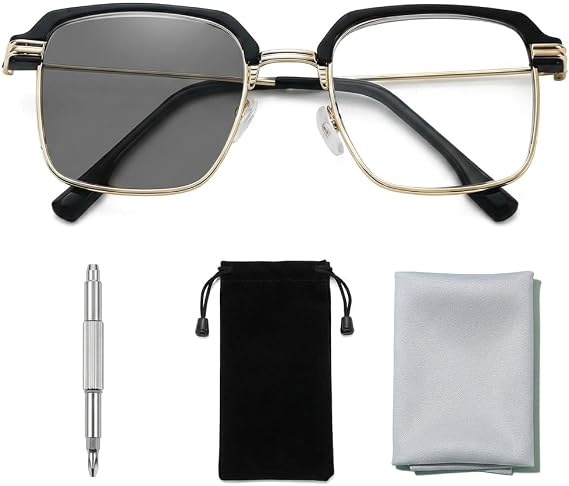 Smart Reading Glasses, Self Adjusting Glasses, Automatic Reading Glass for Office Computer Work and Home Reading, Complete Set with Screwdriver Case and Cloth