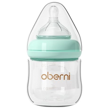 Oberni Babyflaschen aus Glas Anti-Colic Milchflasche mit weiter Öffnung Langsamer Nahrungsfluss (S) Silikon Sauger 120ml Babyflasche für Neugeborene Babys ab 0+ Monat BPA-frei Blau 1 Stück