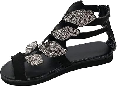 Womens Open Toe Sandals Summer Retro Bohemian Gladiator Roman Party Dress Sandals Rhinestone Hollow Flat Sandals