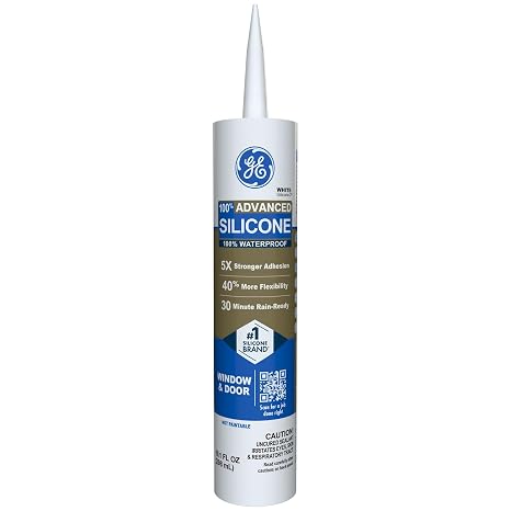 GE Advanced Silicone Caulk for Window & Door, White, 10 fl oz Cartridge, 1 Pack - 100% Waterproof Silicone Sealant, 5X Stronger Adhesion, Shrink & Crack Proof