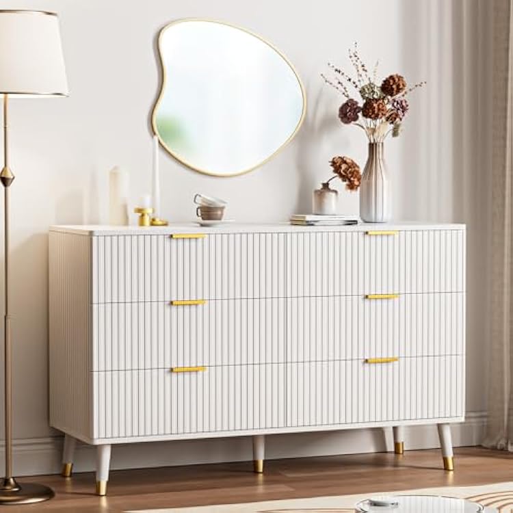 White Dresser for Bedroom with Gold Handle, Modern 6 Drawer Dresser, 47 Fluted Bedroom Dressers with Solid Wood Legs and Curved Profile Design, Wood Chests of Drawers TV Stand