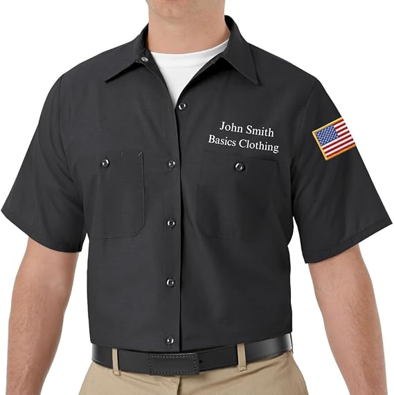 Red Kap Custom Men's SP24 Short Sleeve Industrial Solid Work Shirt with Name Embroidery and American Flag Patch